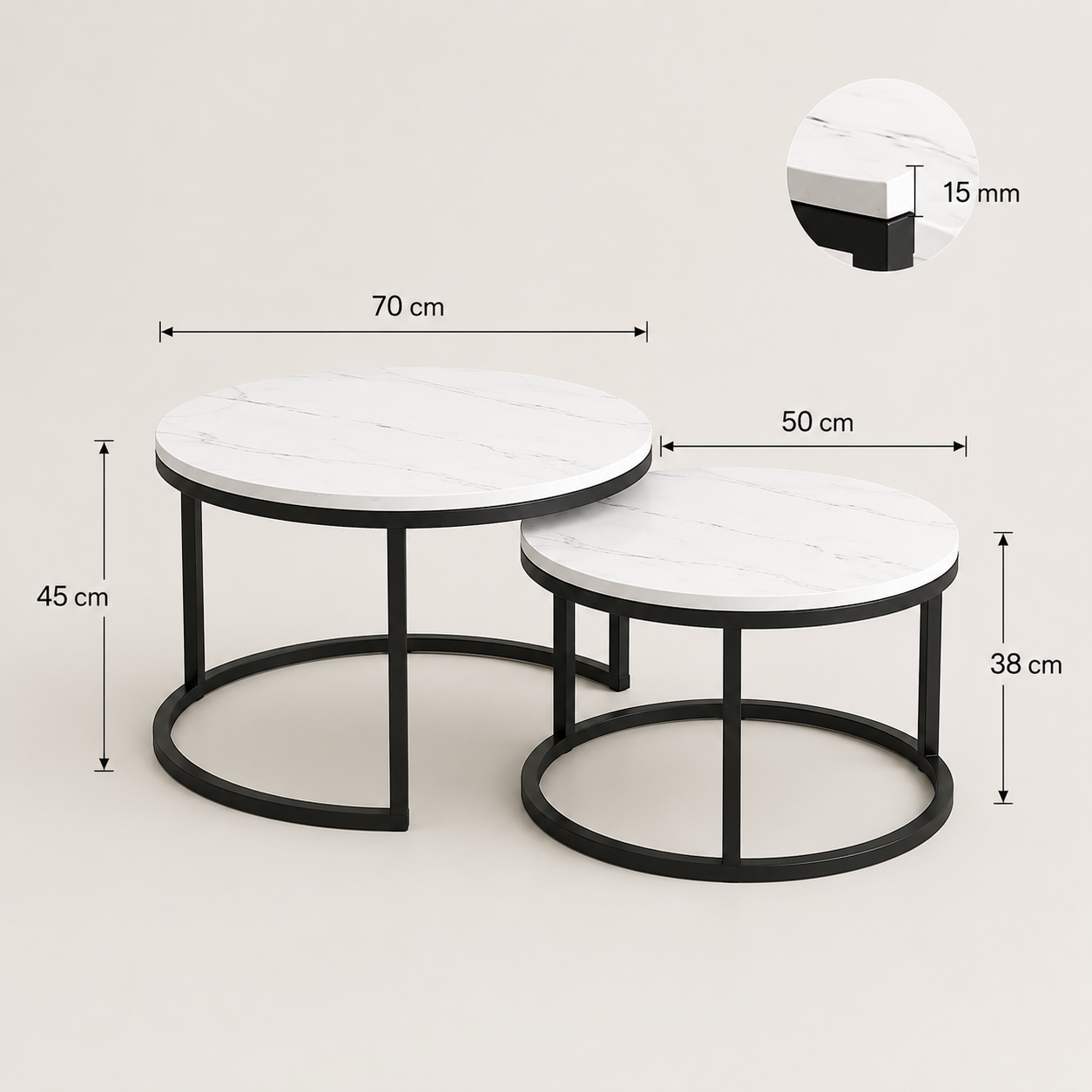 Dimenzije stočića Eliza — 70 cm i 50 cm prečnik
