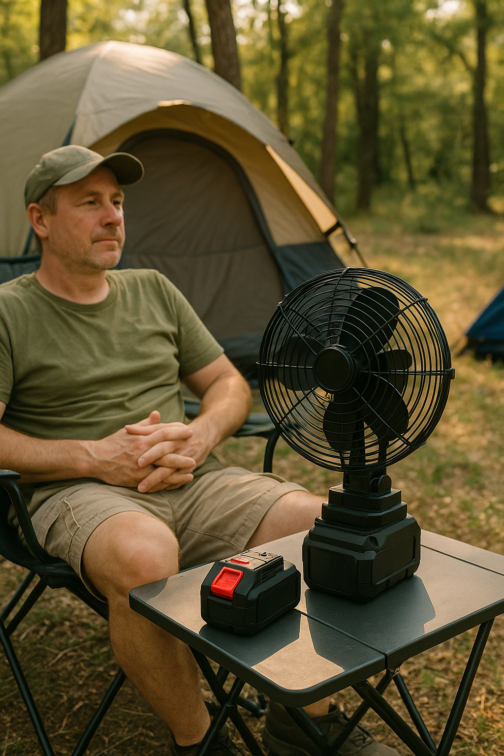 Ventilator na kampovanju pored šatora