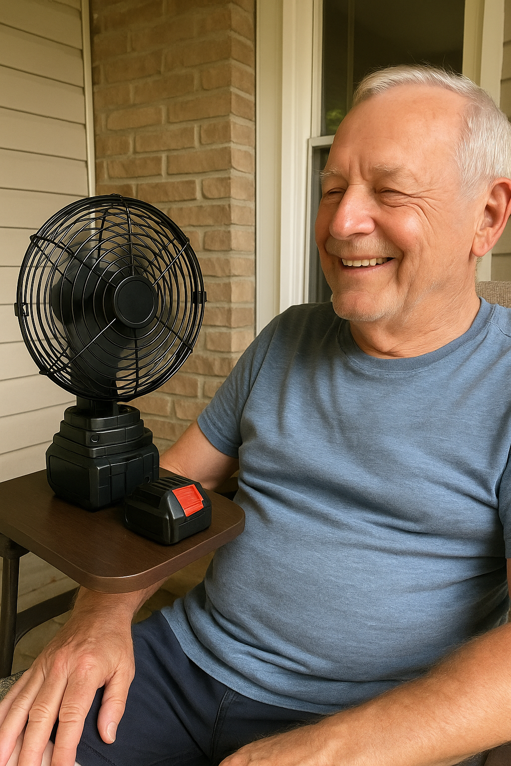 Stariji čovek uživa u hladovini pored ventilatora