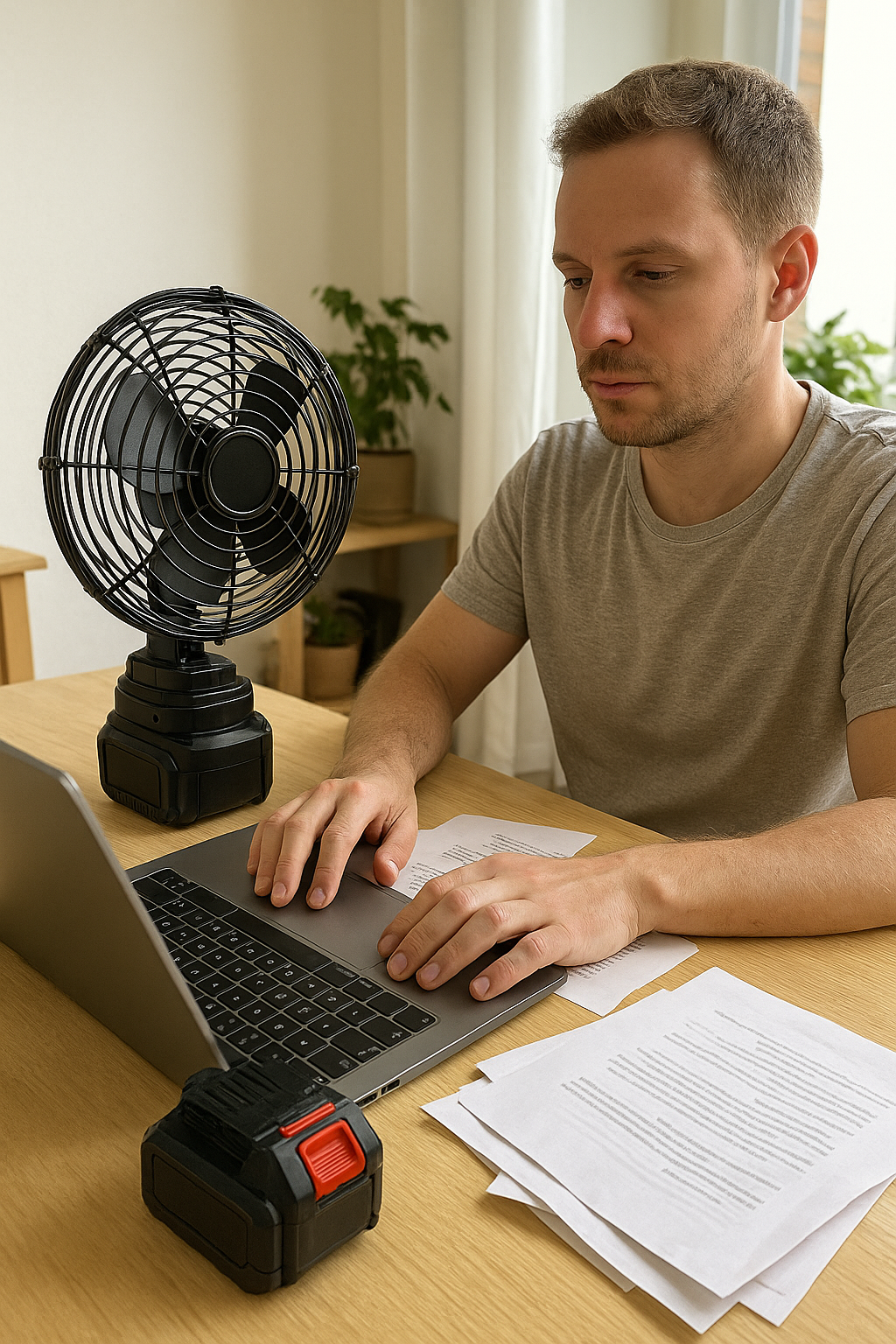 Ventilator na radnom stolu uz laptop