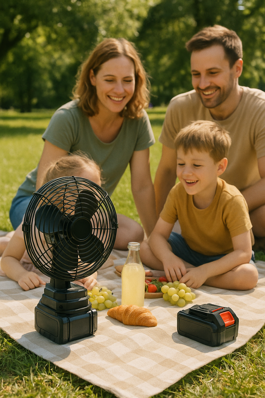 Porodica na pikniku u parku sa ventilatorom