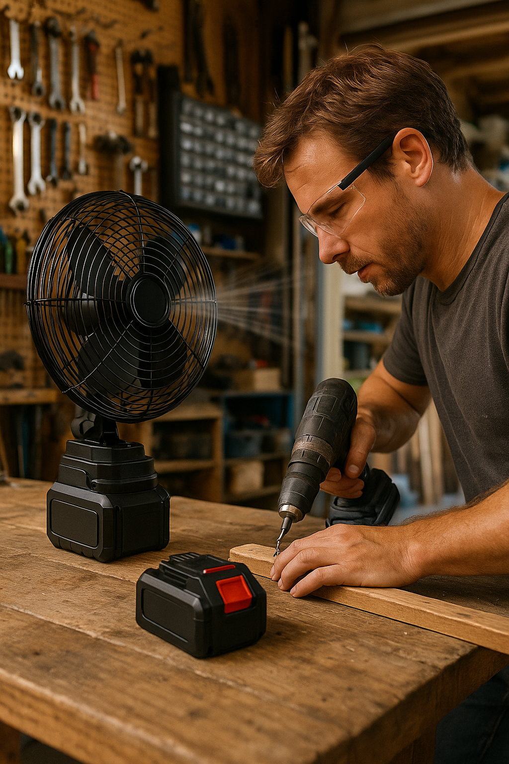 Ventilator u radionici dok se radi bušilicom